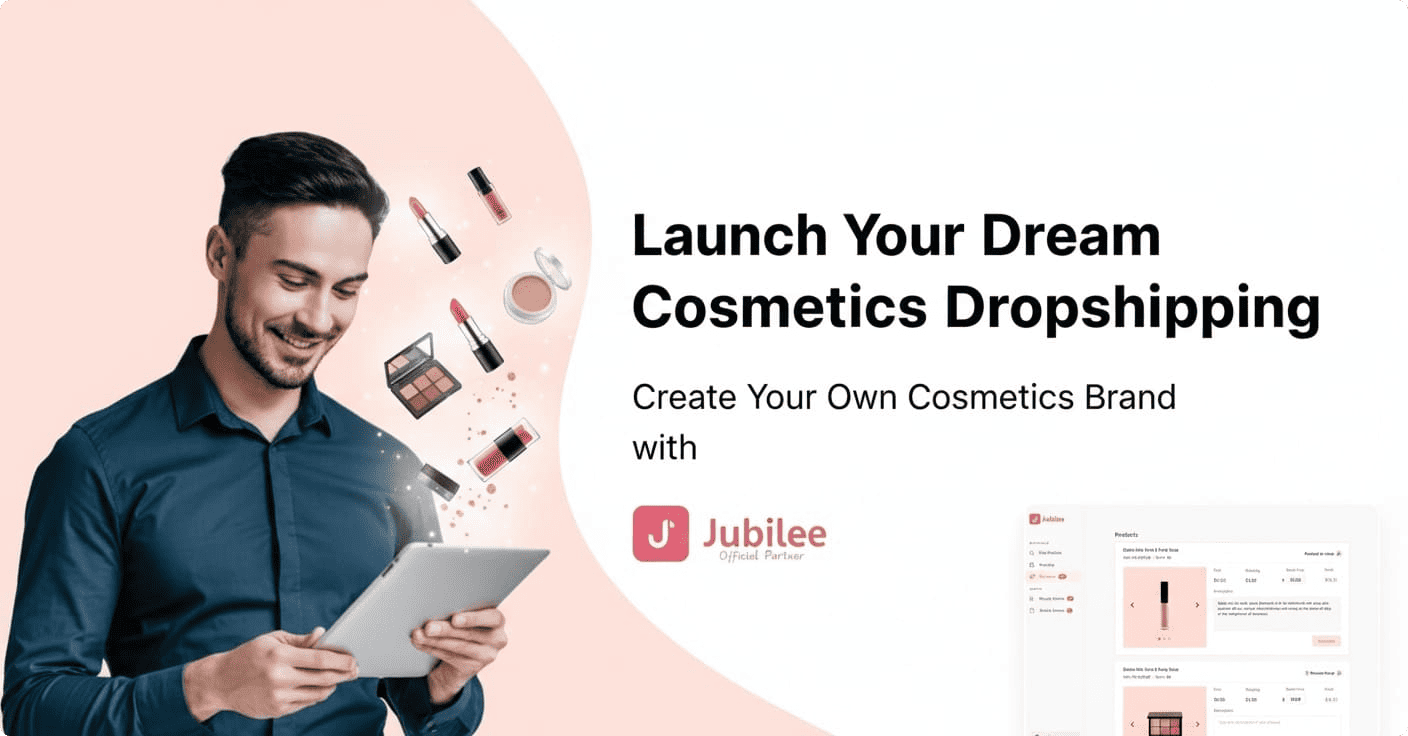 A person holding a tablet with various cosmetics products floating around, promoting the launch of a dream cosmetics dropshipping brand with Jubilee Beauty