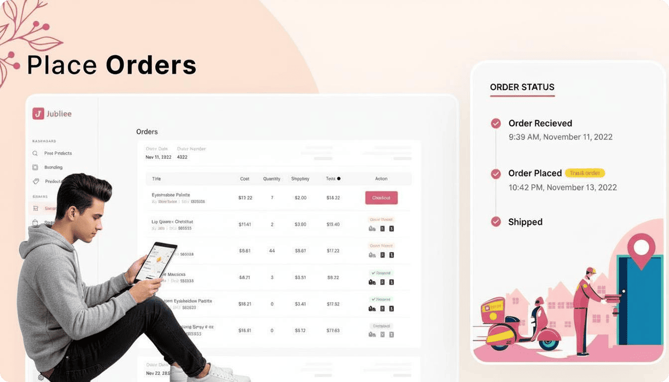 A person sitting and using a tablet to manage and monitor order status on a digital interface, showcasing order details, quantities, and shipping information in a modern, user-friendly layout.