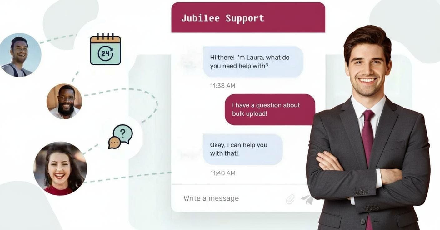 A professional man in a suit standing confidently next to a chat interface displaying a conversation with a support agent named Laura, highlighting the availability of 24/7 customer support for Unicorn and Empire packages, with visual elements representing assistance and communication.