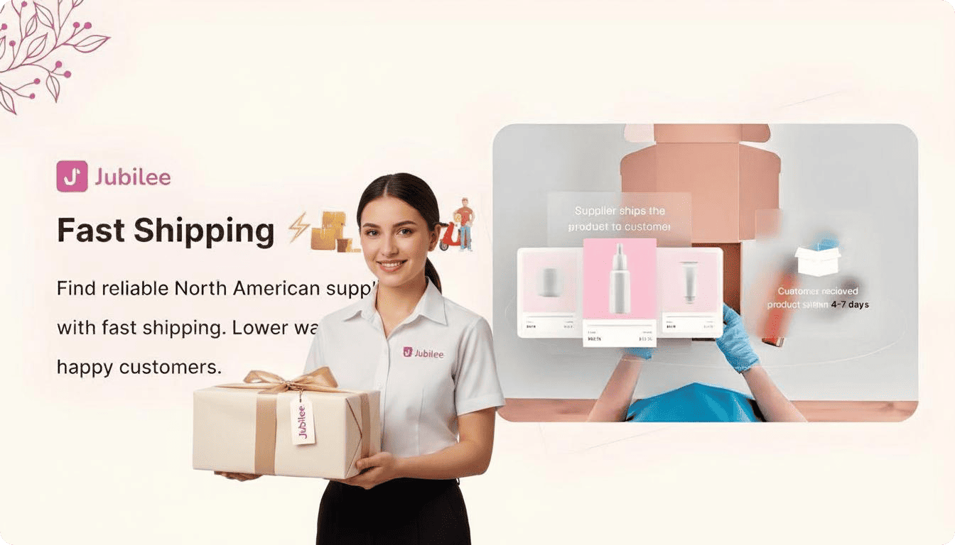 A woman in a branded shirt holding a gift box, representing fast shipping services, with a digital interface displaying beauty products and delivery options in the background, emphasizing reliable delivery and customer satisfaction.