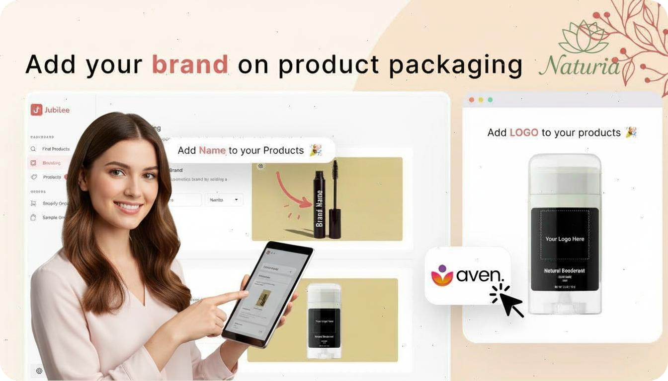 Dropshipping-friendly mockup showing how to add brand names and logos to skincare product packaging — tablet with live product previews, labeled bottles and deodorant stick sample, and decorative Naturia floral branding.