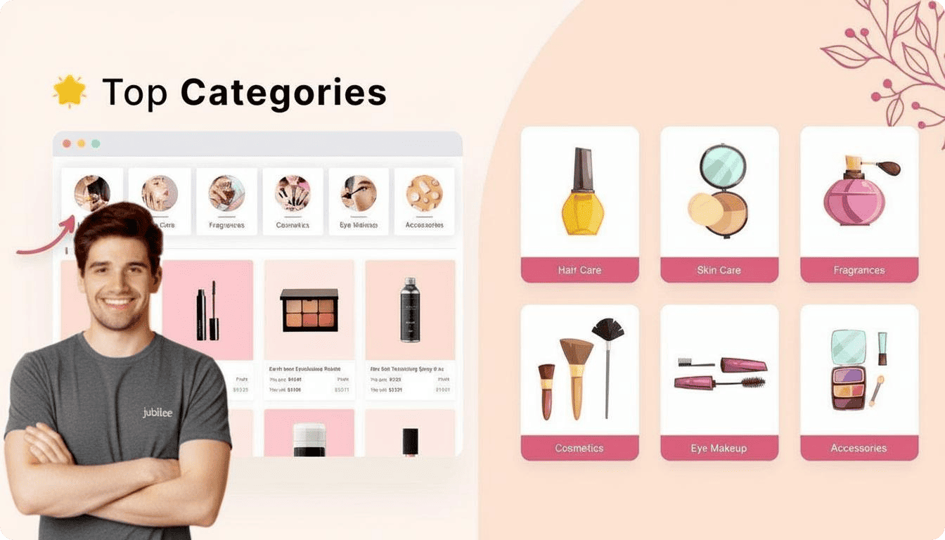 A layout of a cosmetics online store page with the heading “Top Categories”: on the left is an interface with product thumbnails and the Jubilee logo, on the right are six category cards (Nail Care, Skin Care, Fragrances, Cosmetics, Eye Makeup, Accessories) with cosmetics icons; a soft pink-peach palette and decorative floral ornament.