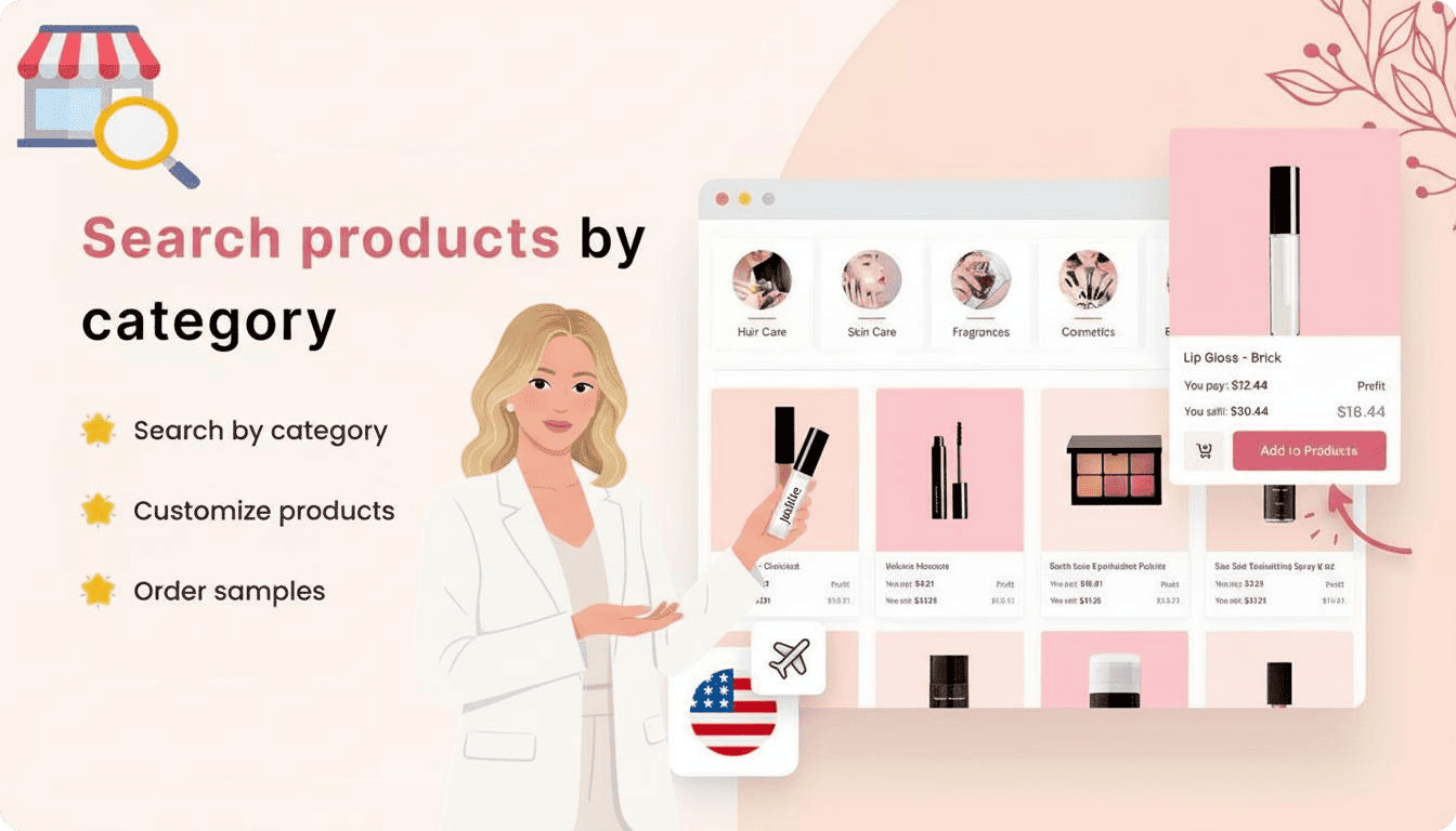 Illustration of the category search web interface: the heading "Search products by category", a list of options (Search by category, Customize products, Order samples), a schematic woman in a white coat, a cosmetics catalog window with categories (Hair Care, Skin Care, Fragrance, Cosmetics), product thumbnails, US shipping icons, and an "Add to my order" button.