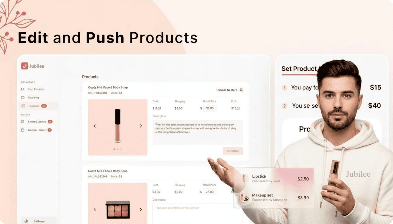 The interface of the Edit and Push Products web app with left navigation and a list of cosmetic cards (lipstick, eyeshadow palette) with descriptions and prices; on the right, a person in a light sweatshirt holds a lipstick and gestures to the screen.